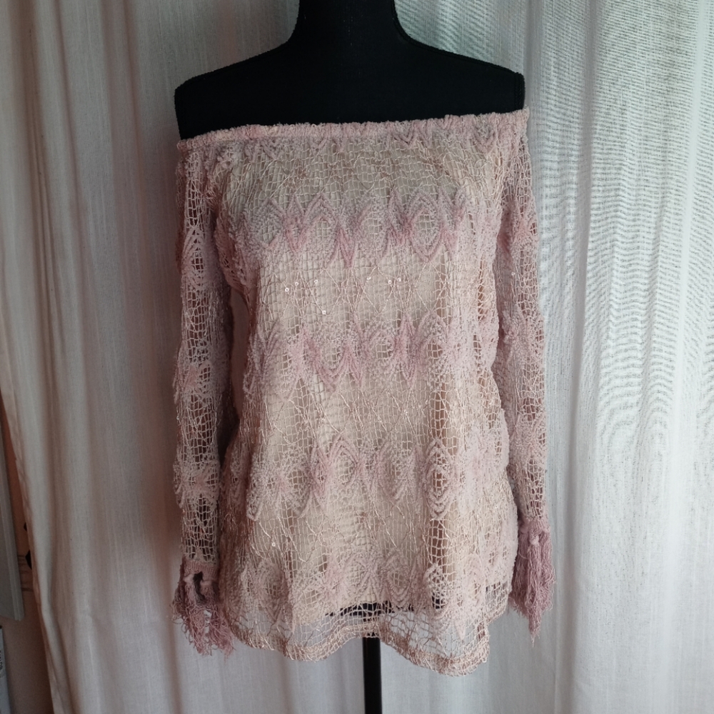 Elegant Pink Lace Off-Shoulder Sweater